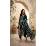 Deep Emerald Teal Embroidered Lawn 3 Pcs Suit - Luxury Unstitched Summer Outfit with Heritage Paisley Print Dupatta for Women