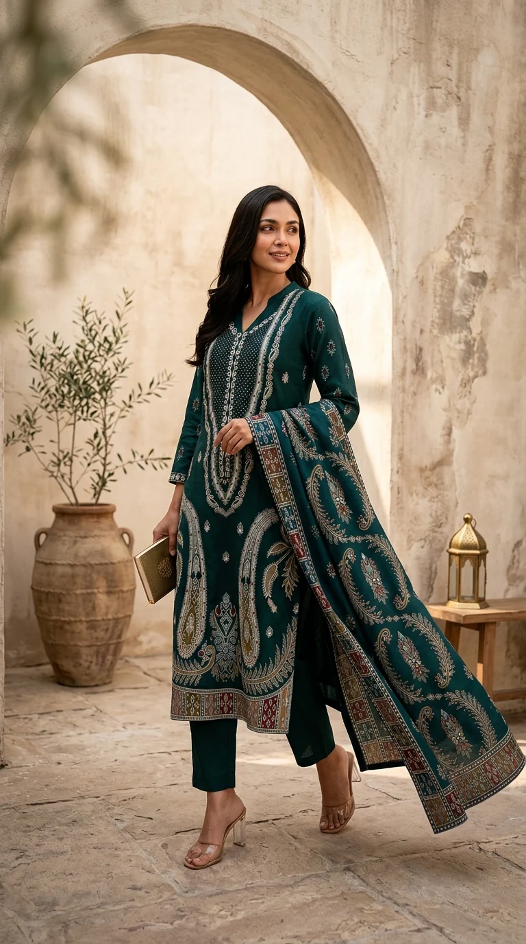 Deep Emerald Teal Embroidered Lawn 3 Pcs Suit - Luxury Unstitched Summer Outfit with Heritage Paisley Print Dupatta for Women