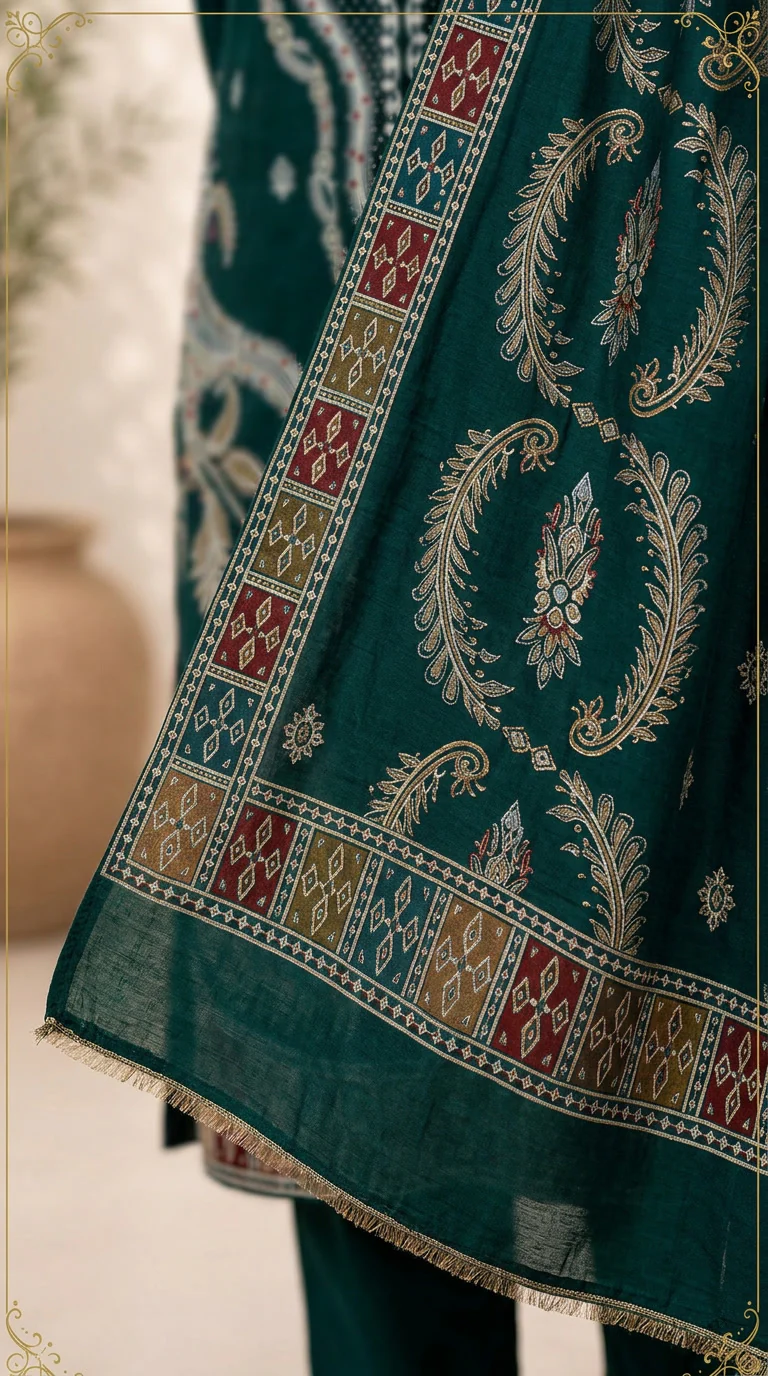 Deep Emerald Teal Embroidered Lawn 3 Pcs Suit - Luxury Unstitched Summer Outfit with Heritage Paisley Print Dupatta for Women
