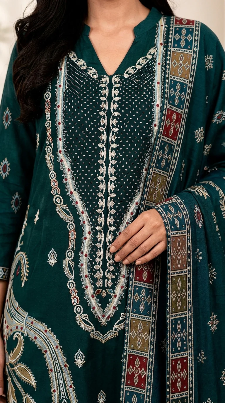 Deep Emerald Teal Embroidered Lawn 3 Pcs Suit - Luxury Unstitched Summer Outfit with Heritage Paisley Print Dupatta for Women