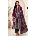 Deep Mulberry Wine Embroidered Lawn 3 Pcs Suit - Luxury Unstitched Summer Outfit with Traditional Paisley Printed Dupatta for Women