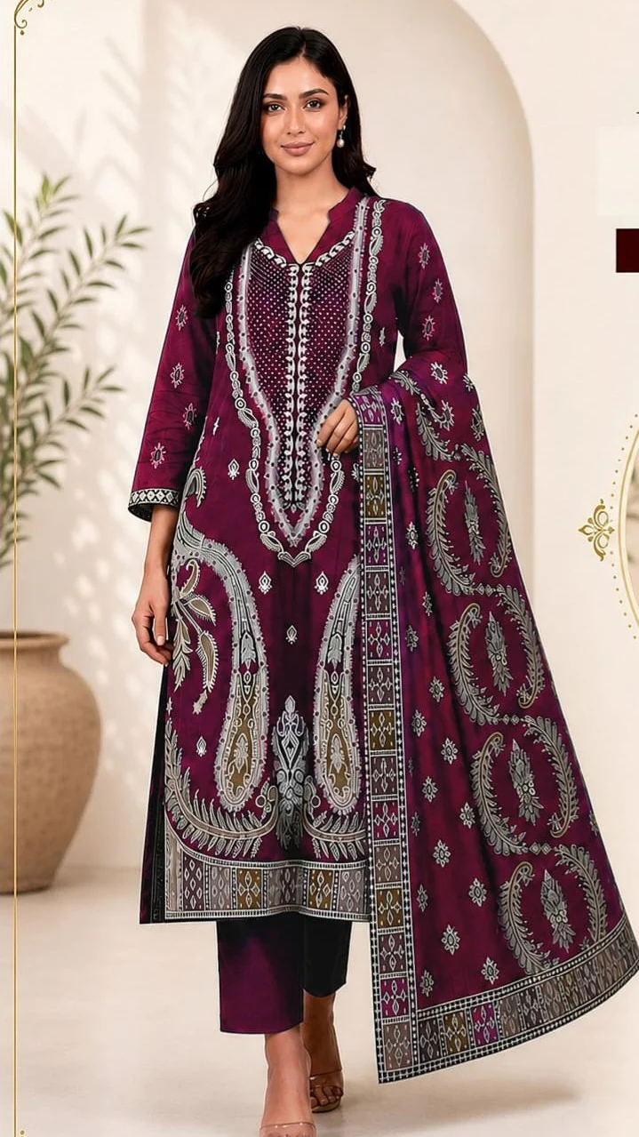 Deep Mulberry Wine Embroidered Lawn 3 Pcs Suit - Luxury Unstitched Summer Outfit with Traditional Paisley Printed Dupatta for Women