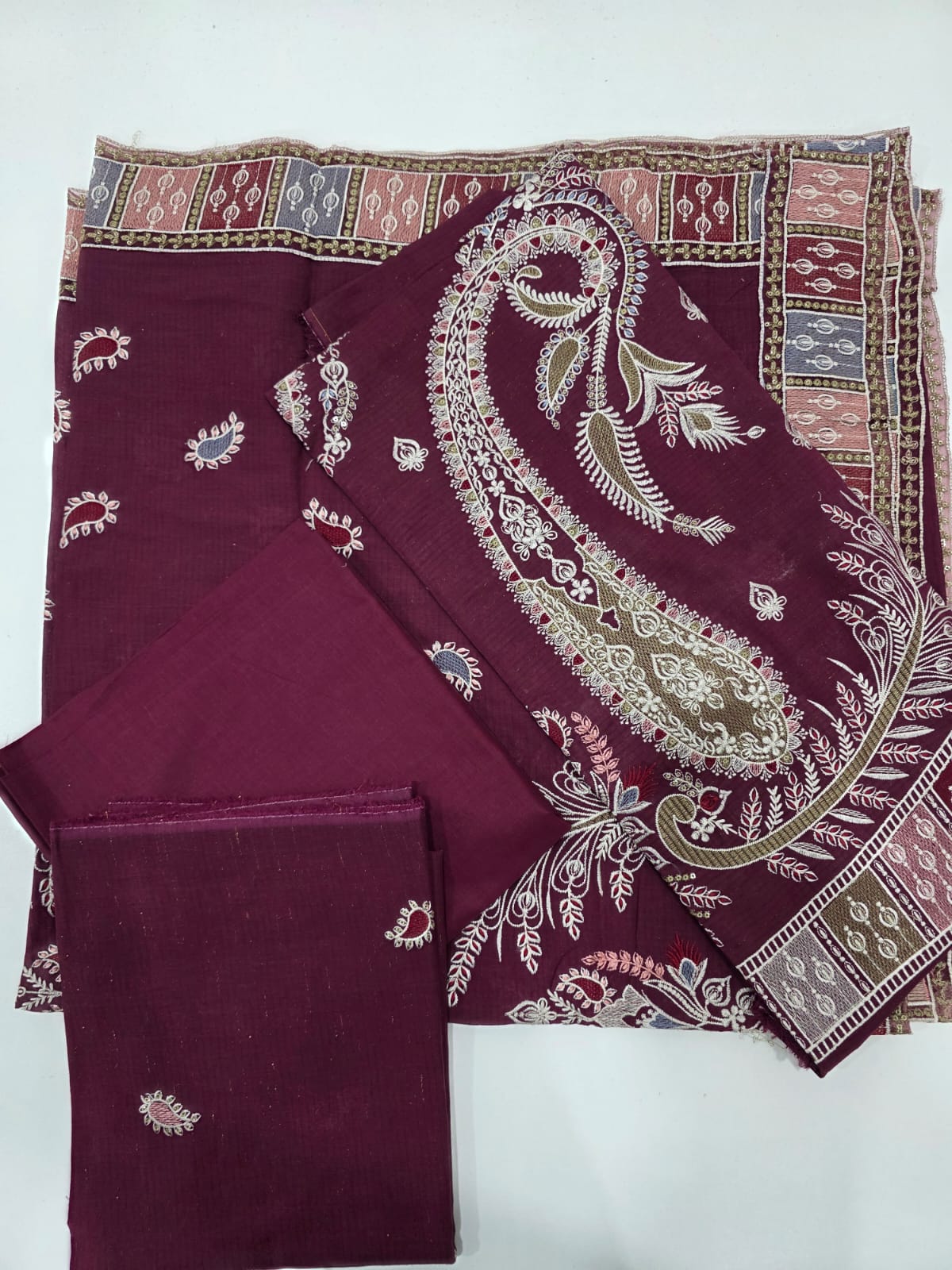Deep Mulberry Wine Embroidered Lawn 3 Pcs Suit - Luxury Unstitched Summer Outfit with Traditional Paisley Printed Dupatta for Women