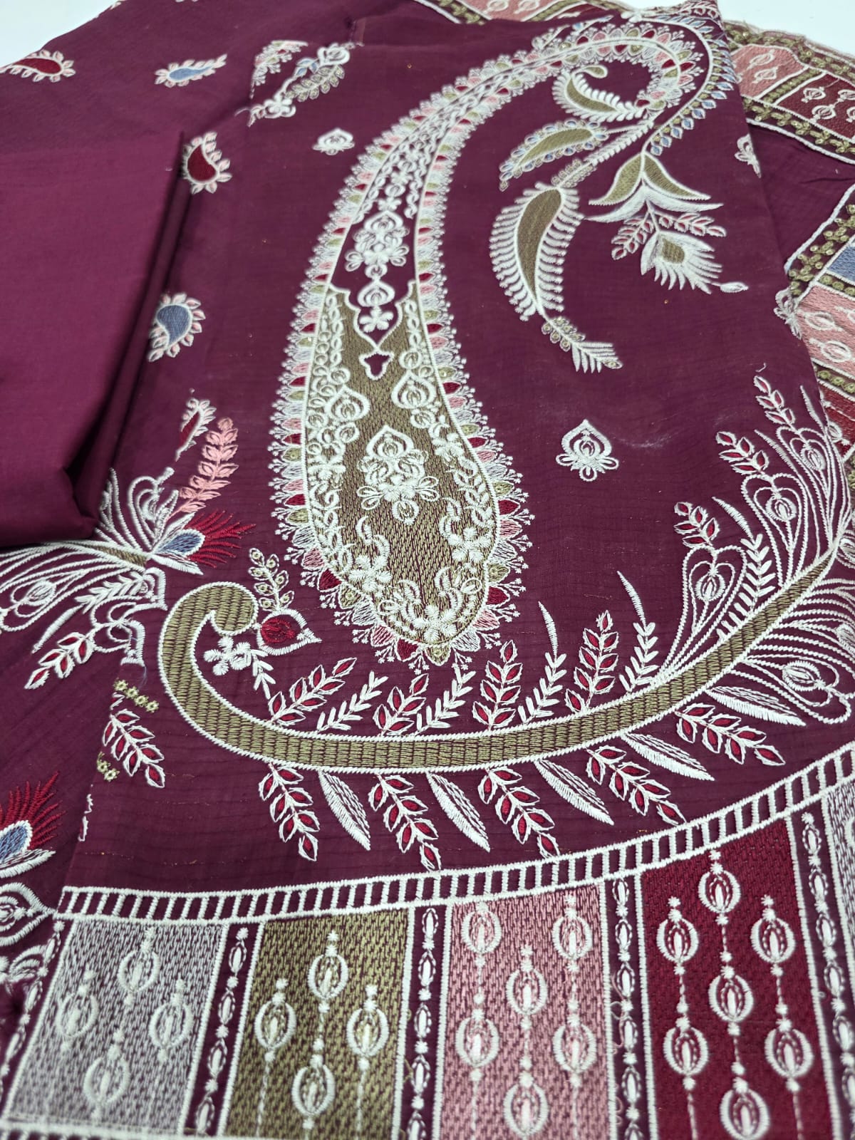 Deep Mulberry Wine Embroidered Lawn 3 Pcs Suit - Luxury Unstitched Summer Outfit with Traditional Paisley Printed Dupatta for Women