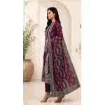 Deep Mulberry Wine Embroidered Lawn 3 Pcs Suit - Luxury Unstitched Summer Outfit with Traditional Paisley Printed Dupatta for Women