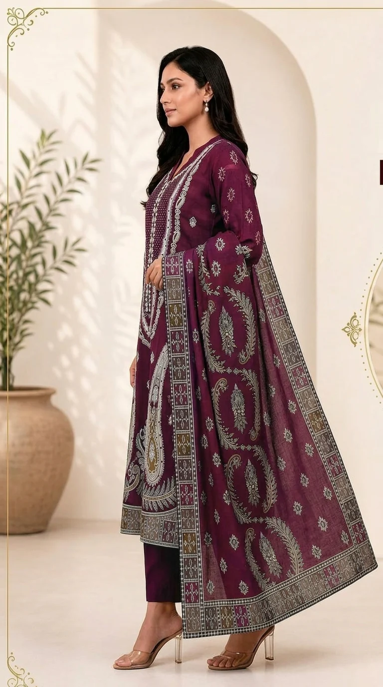 Deep Mulberry Wine Embroidered Lawn 3 Pcs Suit - Luxury Unstitched Summer Outfit with Traditional Paisley Printed Dupatta for Women
