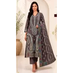 Luxury Dark Plum Embroidered Lawn 3 Piece Suit - Premium Unstitched Summer Dress with Big Paisley Daman & Block Pattern Dupatta