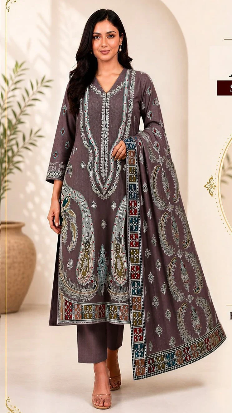 Luxury Dark Plum Embroidered Lawn 3 Piece Suit - Premium Unstitched Summer Dress with Big Paisley Daman & Block Pattern Dupatta