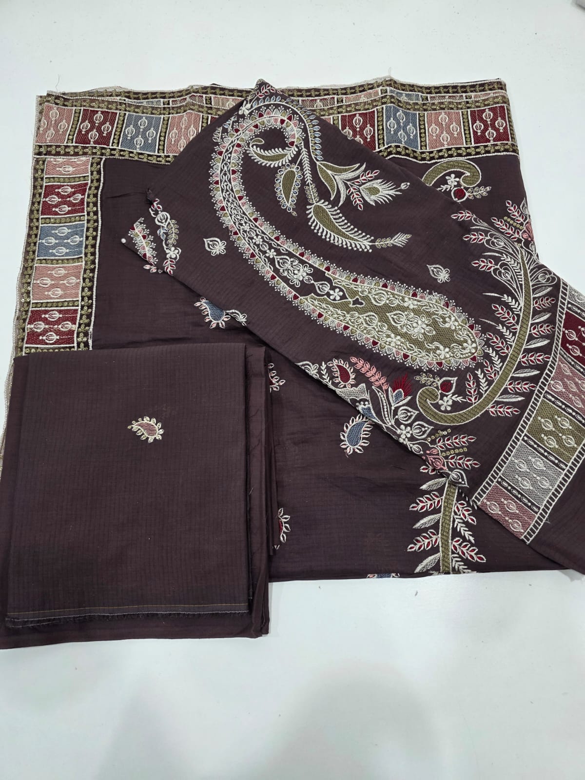 Luxury Dark Plum Embroidered Lawn 3 Piece Suit - Premium Unstitched Summer Dress with Big Paisley Daman & Block Pattern Dupatta