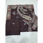 Luxury Dark Plum Embroidered Lawn 3 Piece Suit - Premium Unstitched Summer Dress with Big Paisley Daman & Block Pattern Dupatta