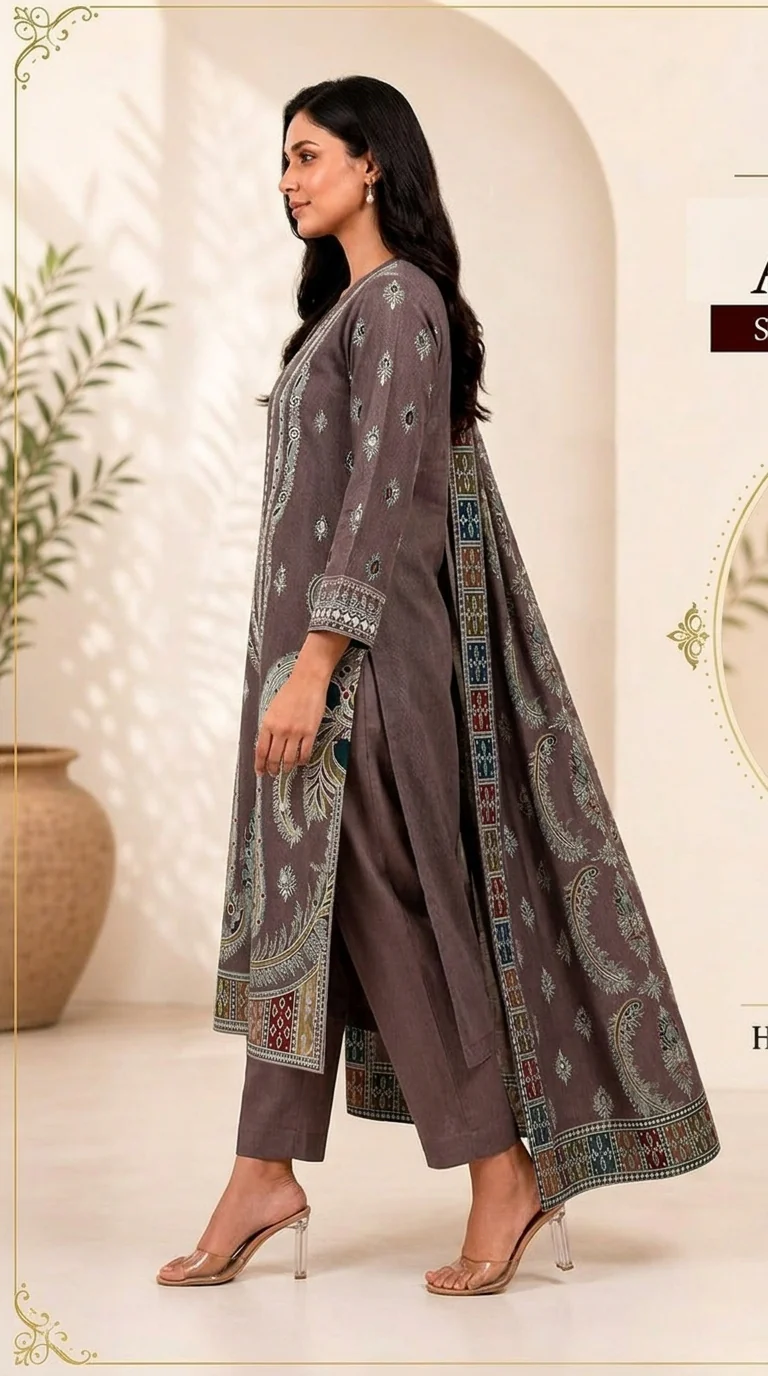 Luxury Dark Plum Embroidered Lawn 3 Piece Suit - Premium Unstitched Summer Dress with Big Paisley Daman & Block Pattern Dupatta