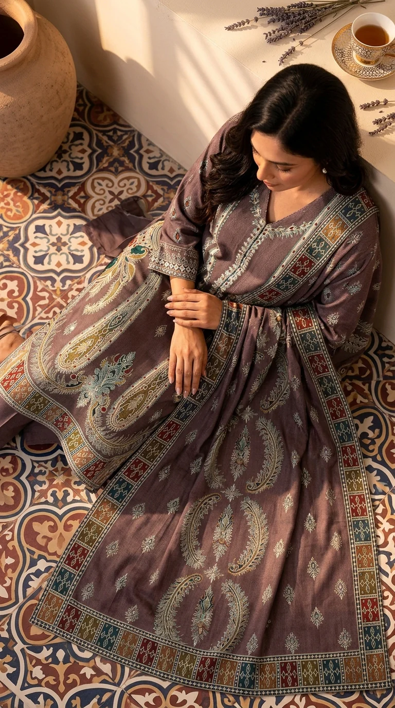 Luxury Dark Plum Embroidered Lawn 3 Piece Suit - Premium Unstitched Summer Dress with Big Paisley Daman & Block Pattern Dupatta