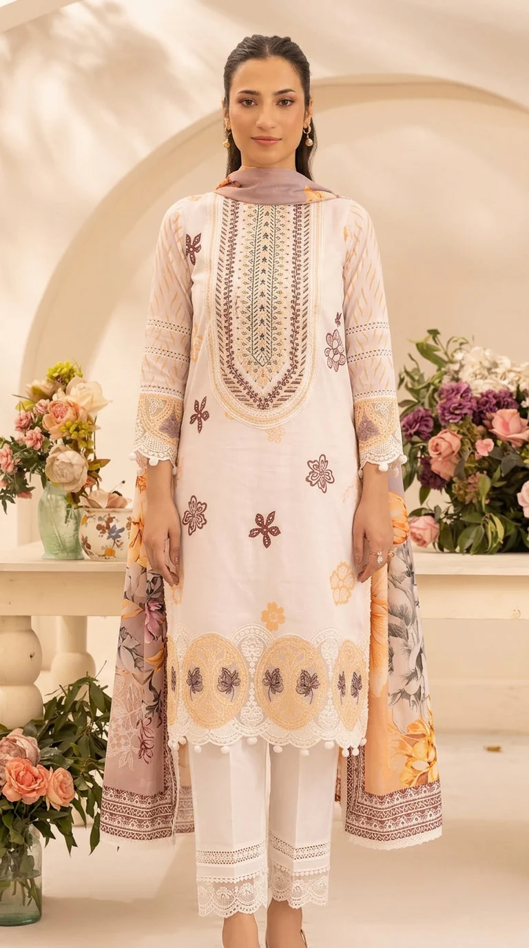 Elegant Off-White Embroidered Lawn 3 Pcs Suit - Luxury Unstitched Summer Outfit with Organza Neckline Panel & Floral Print Dupatta