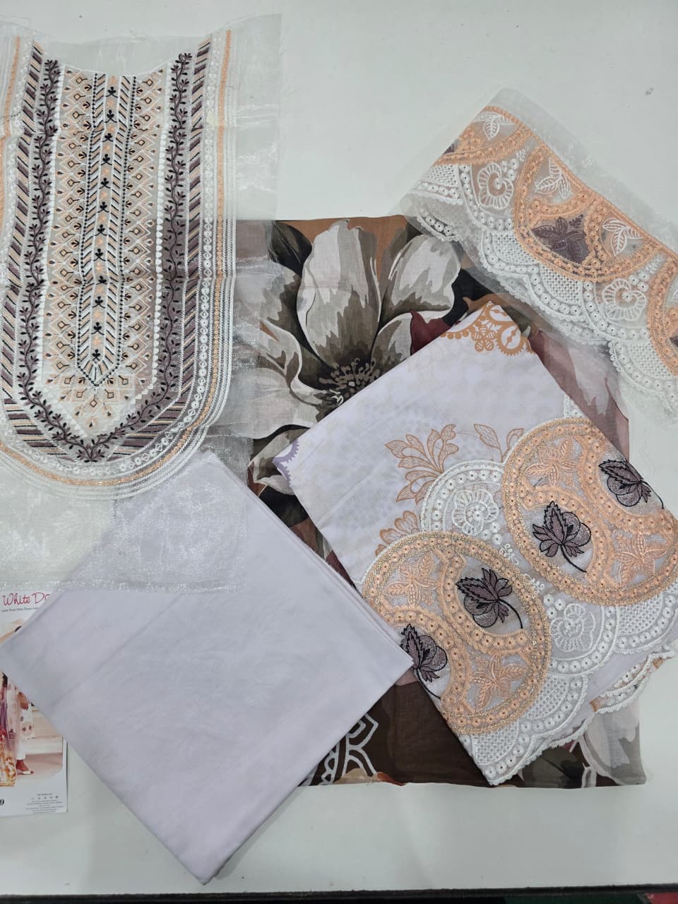 Elegant Off-White Embroidered Lawn 3 Pcs Suit - Luxury Unstitched Summer Outfit with Organza Neckline Panel & Floral Print Dupatta
