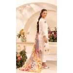 Elegant Off-White Embroidered Lawn 3 Pcs Suit - Luxury Unstitched Summer Outfit with Organza Neckline Panel & Floral Print Dupatta