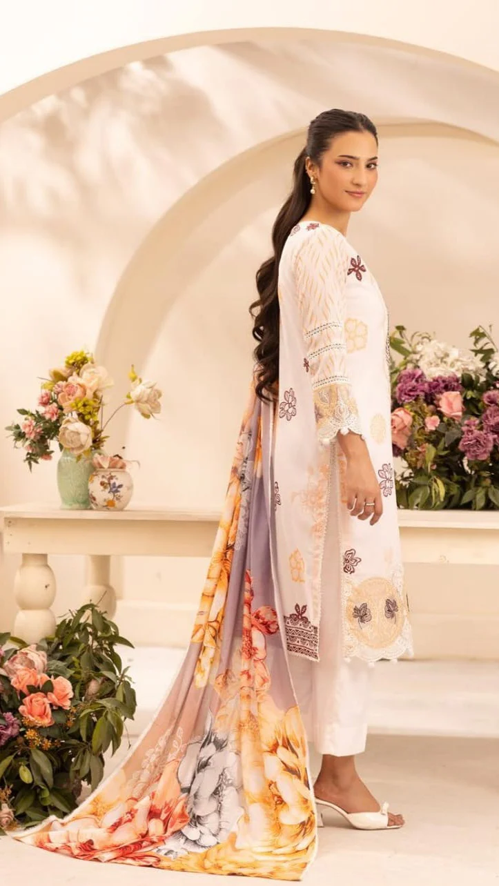 Elegant Off-White Embroidered Lawn 3 Pcs Suit - Luxury Unstitched Summer Outfit with Organza Neckline Panel & Floral Print Dupatta