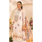 Elegant Off-White Embroidered Lawn 3 Pcs Suit - Luxury Unstitched Summer Outfit with Organza Neckline Panel & Floral Print Dupatta