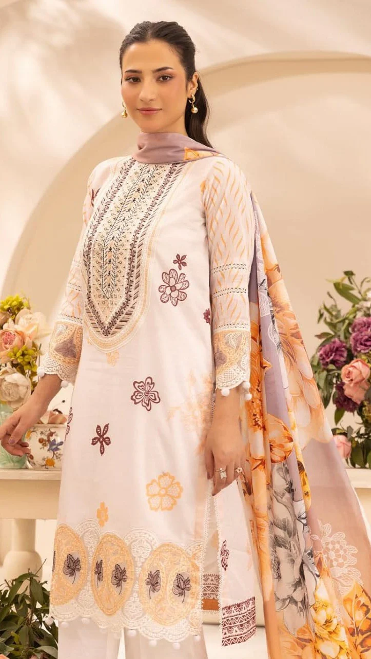 Elegant Off-White Embroidered Lawn 3 Pcs Suit - Luxury Unstitched Summer Outfit with Organza Neckline Panel & Floral Print Dupatta