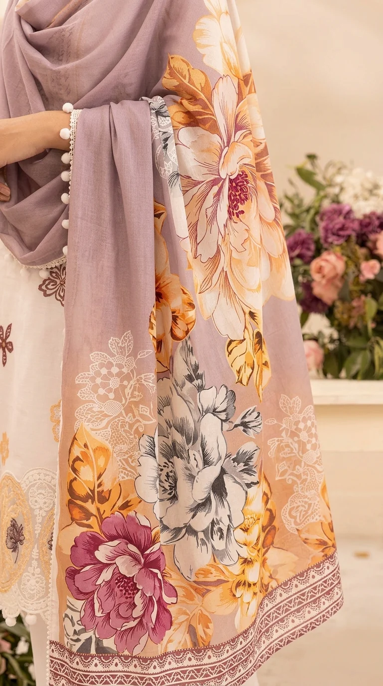 Elegant Off-White Embroidered Lawn 3 Pcs Suit - Luxury Unstitched Summer Outfit with Organza Neckline Panel & Floral Print Dupatta