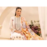 Elegant Off-White Embroidered Lawn 3 Pcs Suit - Luxury Unstitched Summer Outfit with Organza Neckline Panel & Floral Print Dupatta