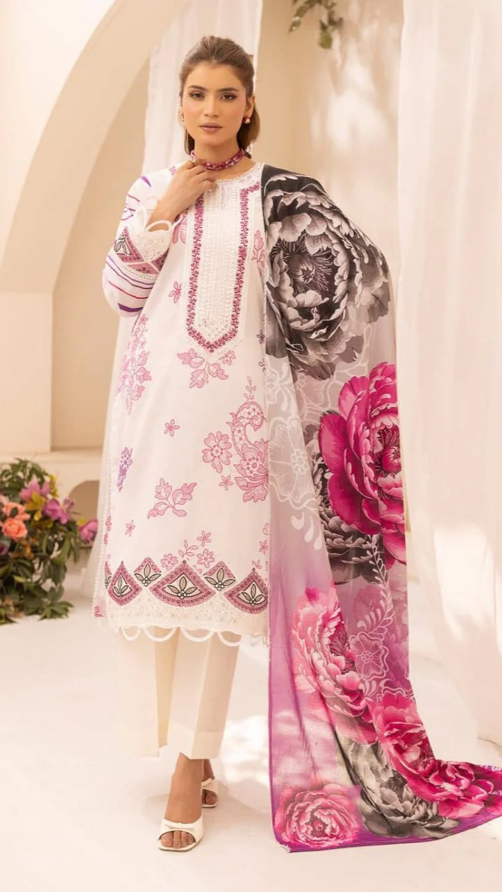 Premium White & Magenta Embroidered Lawn 3 Pc Suit - Luxury Unstitched Summer Outfit with Organza Neckline & Bold Floral Chiffon Dupatta