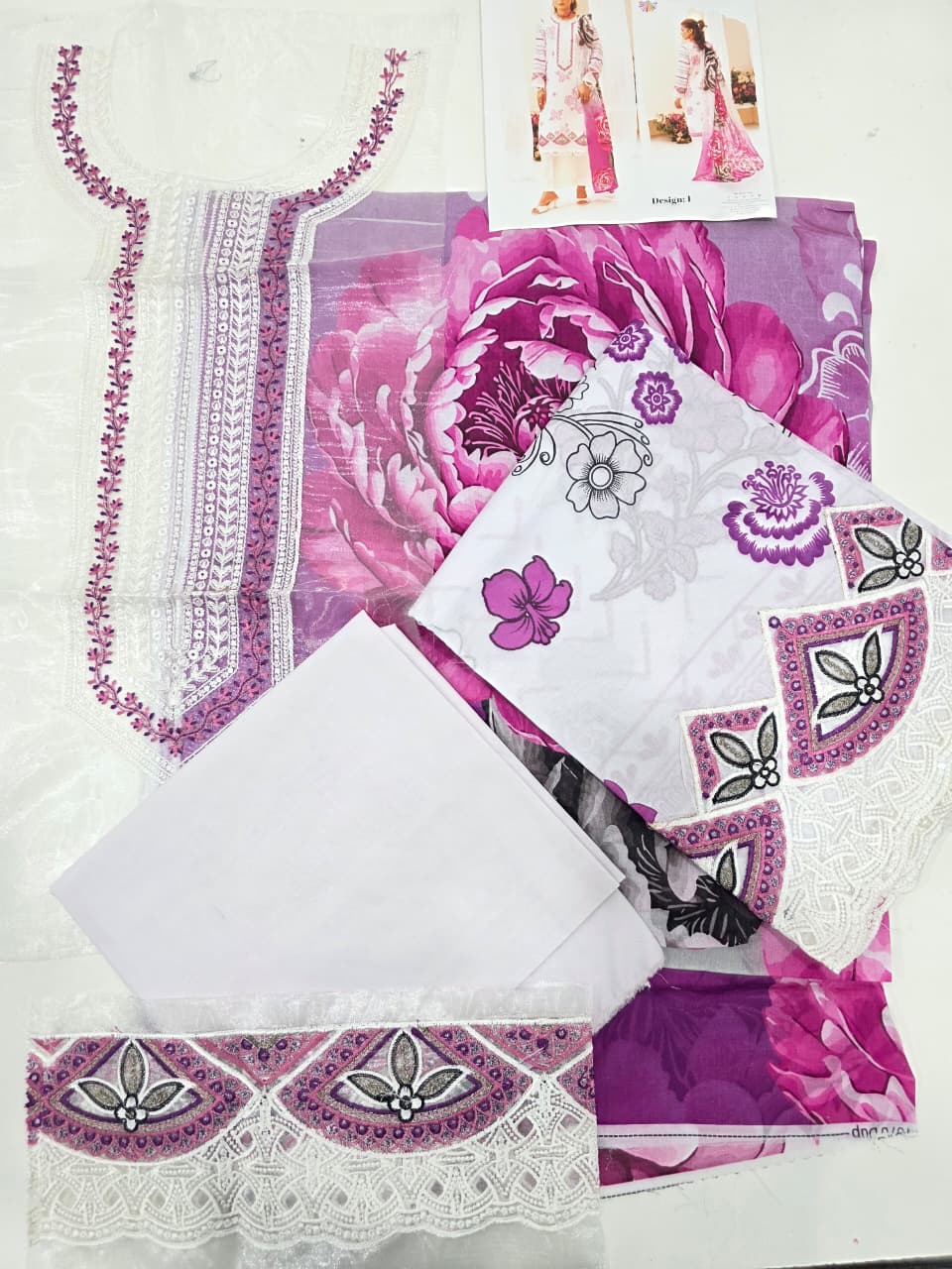 Premium White & Magenta Embroidered Lawn 3 Pc Suit - Luxury Unstitched Summer Outfit with Organza Neckline & Bold Floral Chiffon Dupatta
