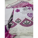 Premium White & Magenta Embroidered Lawn 3 Pc Suit - Luxury Unstitched Summer Outfit with Organza Neckline & Bold Floral Chiffon Dupatta