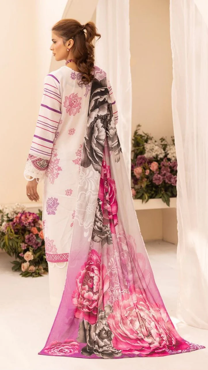 Premium White & Magenta Embroidered Lawn 3 Pc Suit - Luxury Unstitched Summer Outfit with Organza Neckline & Bold Floral Chiffon Dupatta