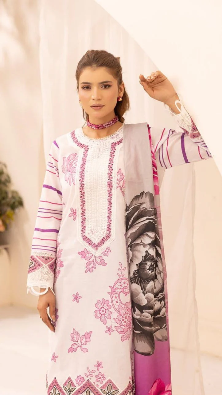 Premium White & Magenta Embroidered Lawn 3 Pc Suit - Luxury Unstitched Summer Outfit with Organza Neckline & Bold Floral Chiffon Dupatta