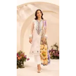 Luxury Ivory & Sunflower Yellow Embroidered Lawn 3 Pc Suit - Unstitched Summer Outfit with Organza Neckline & Botanical Chiffon Dupatta