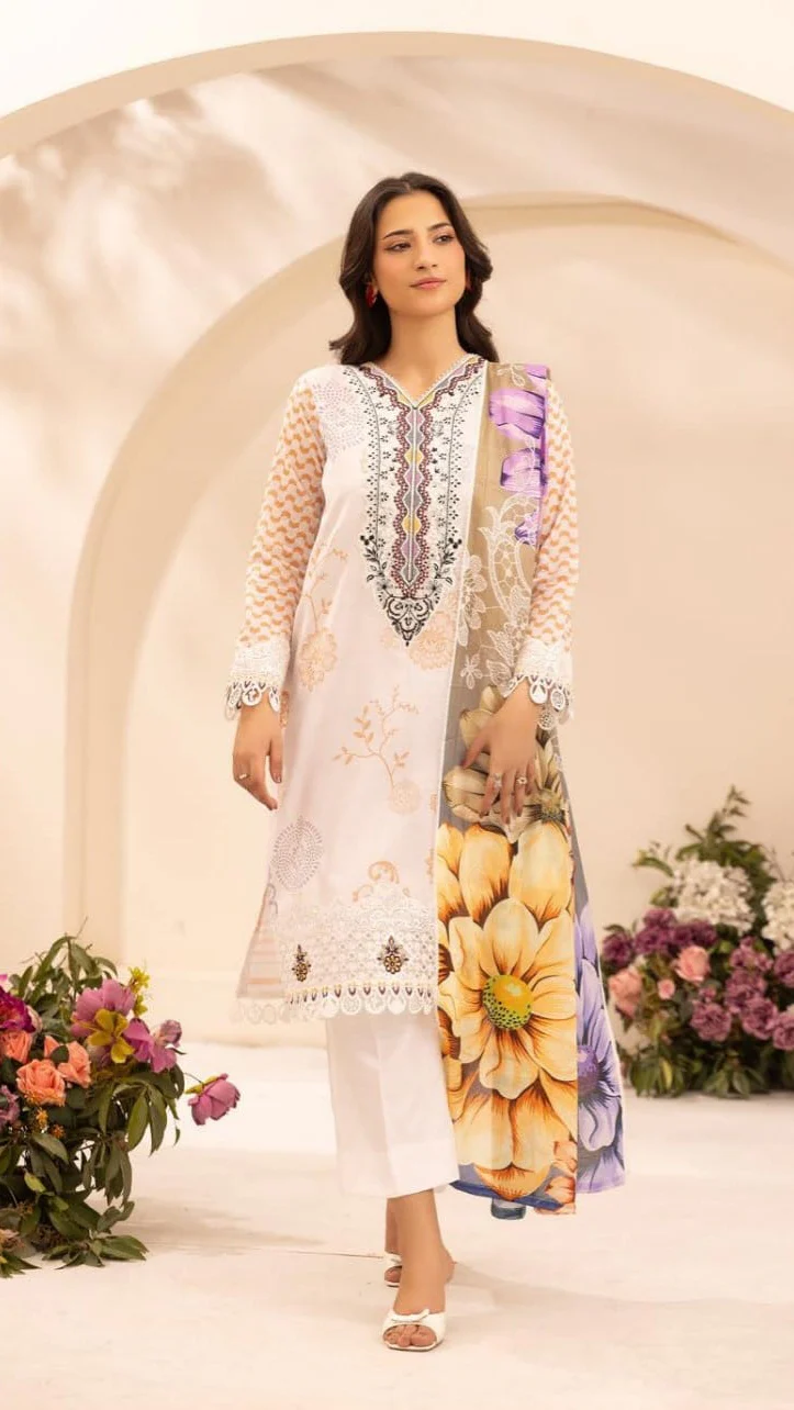 Luxury Ivory & Sunflower Yellow Embroidered Lawn 3 Pc Suit - Unstitched Summer Outfit with Organza Neckline & Botanical Chiffon Dupatta