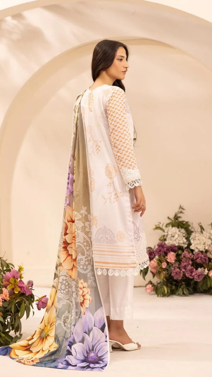 Luxury Ivory & Sunflower Yellow Embroidered Lawn 3 Pc Suit - Unstitched Summer Outfit with Organza Neckline & Botanical Chiffon Dupatta
