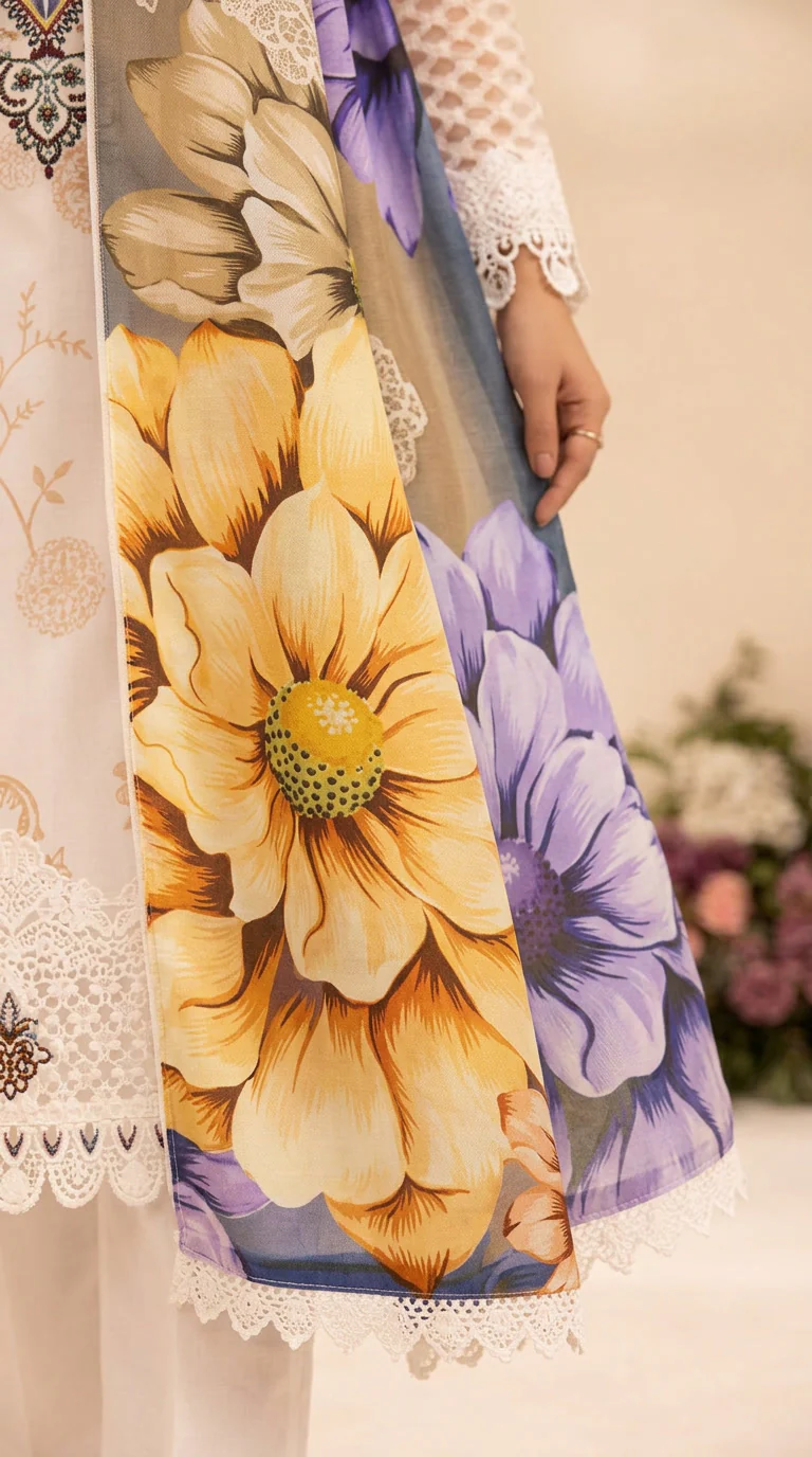 Luxury Ivory & Sunflower Yellow Embroidered Lawn 3 Pc Suit - Unstitched Summer Outfit with Organza Neckline & Botanical Chiffon Dupatta