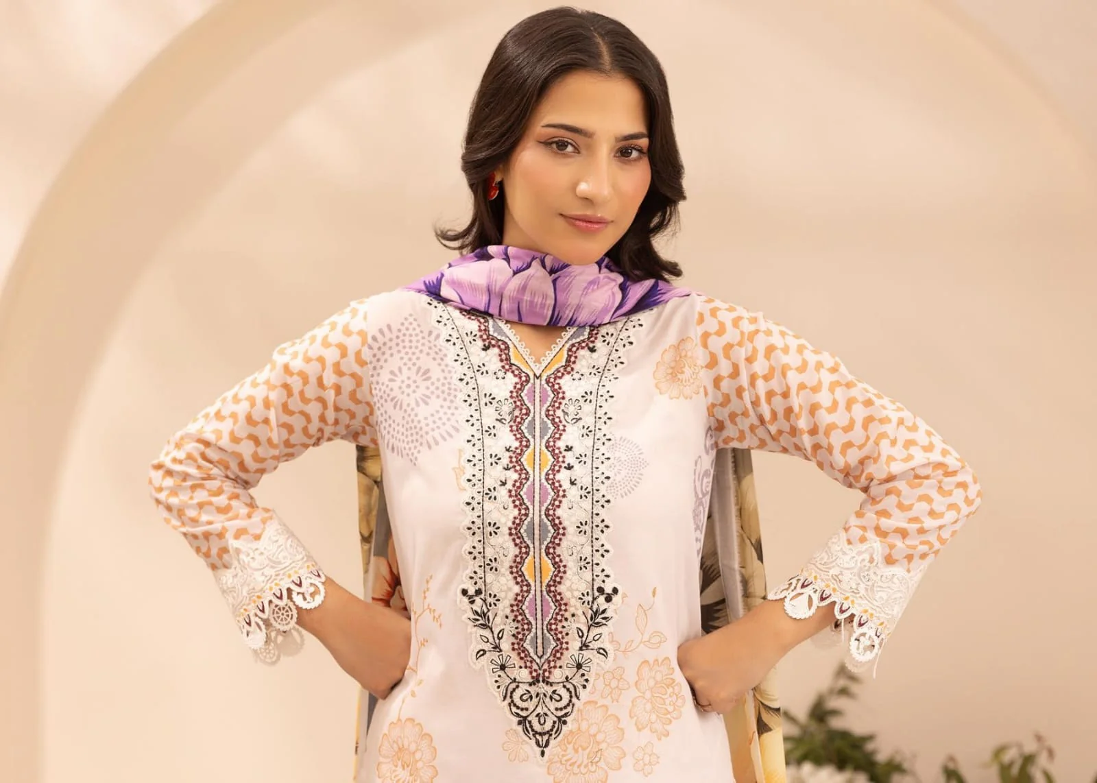 Luxury Ivory & Sunflower Yellow Embroidered Lawn 3 Pc Suit - Unstitched Summer Outfit with Organza Neckline & Botanical Chiffon Dupatta