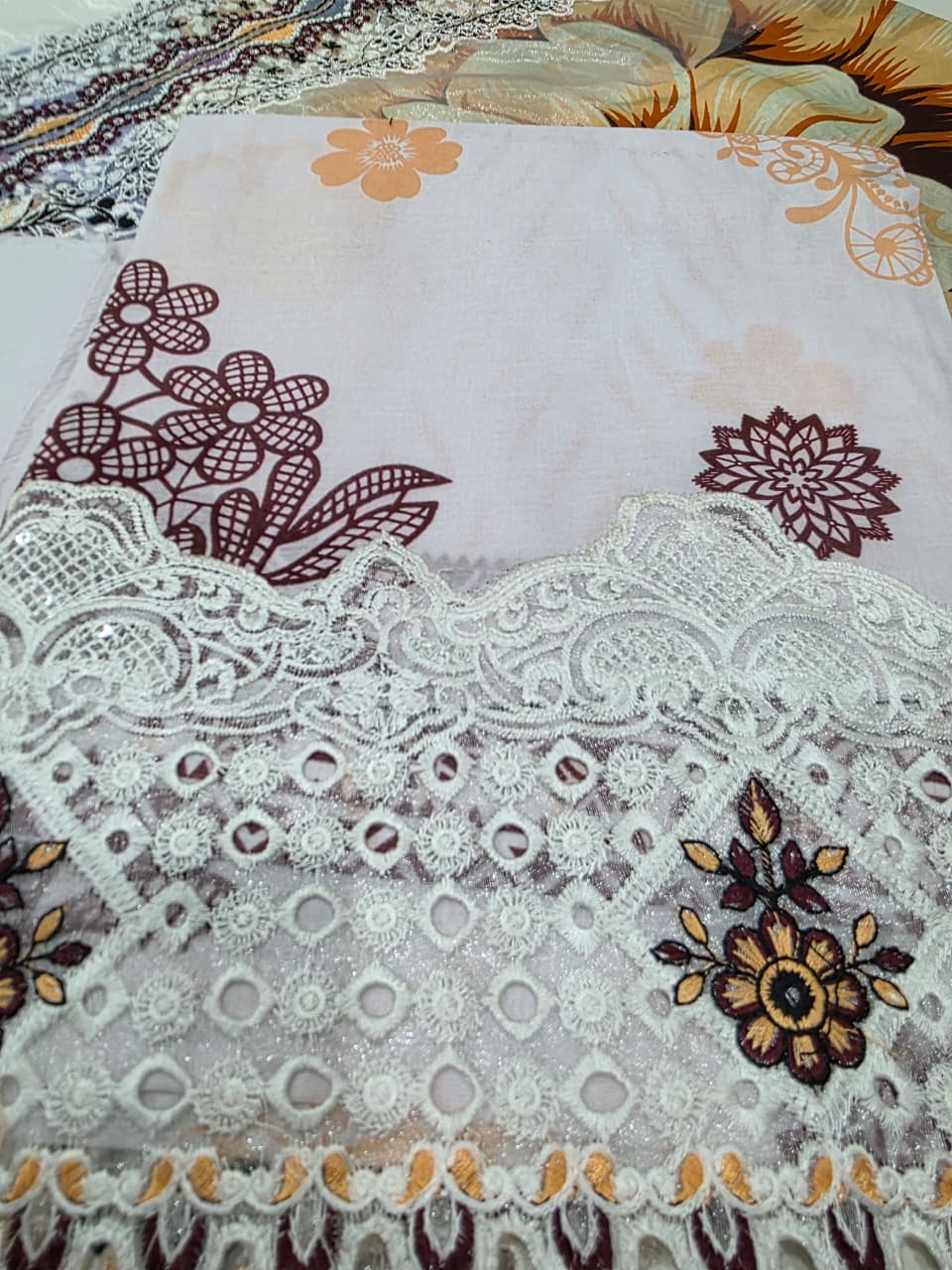 Luxury Ivory & Sunflower Yellow Embroidered Lawn 3 Pc Suit - Unstitched Summer Outfit with Organza Neckline & Botanical Chiffon Dupatta