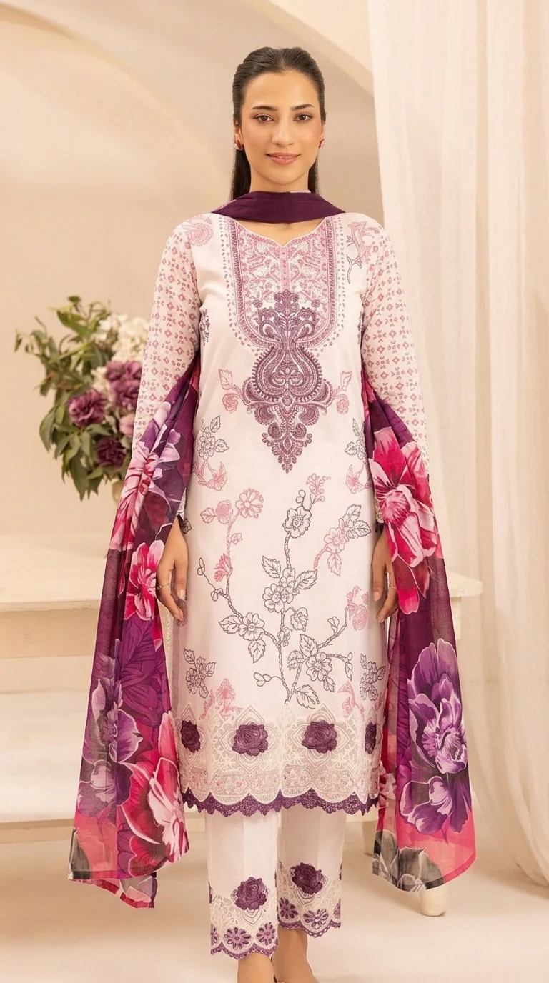 Luxury Soft Lavender & Deep Plum Embroidered Lawn 3 Pc Suit - Unstitched Summer Outfit with Sheer Organza Neckline & Bold Floral Dupatta
