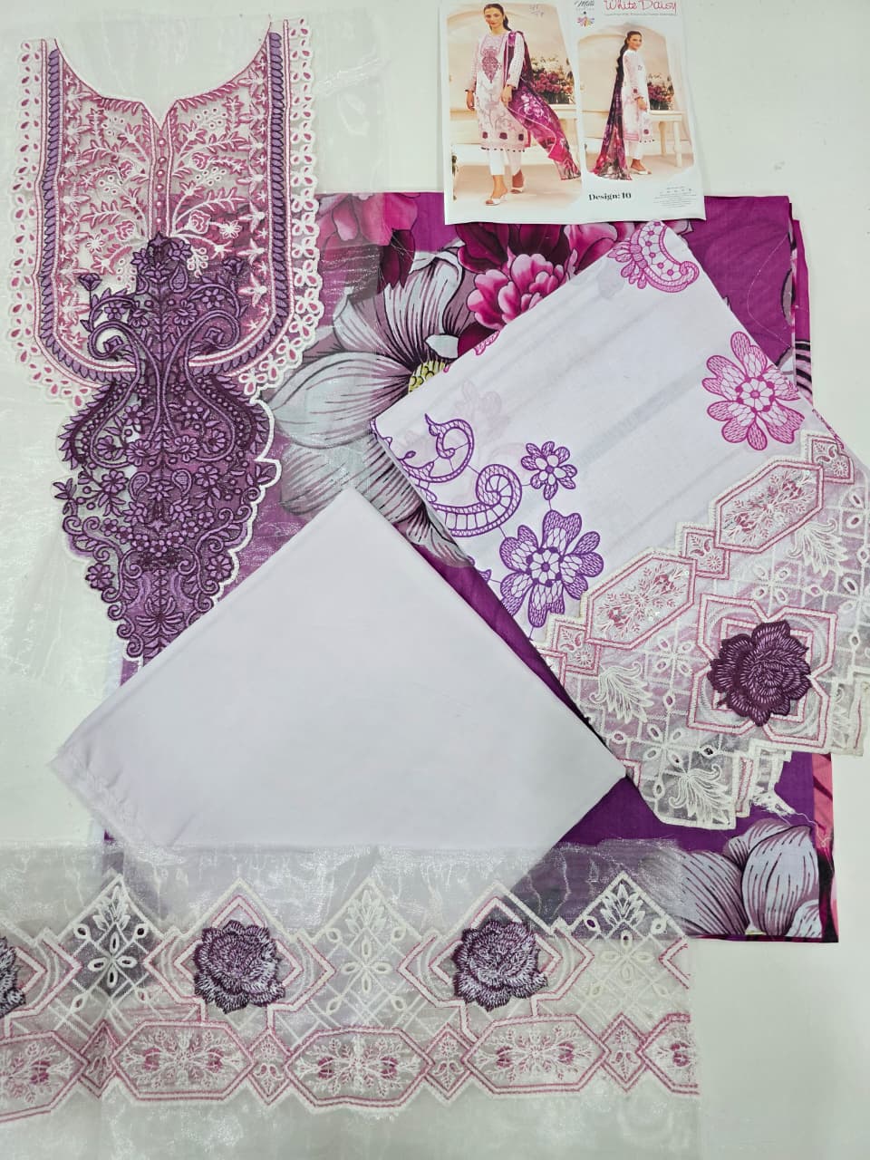Luxury Soft Lavender & Deep Plum Embroidered Lawn 3 Pc Suit - Unstitched Summer Outfit with Sheer Organza Neckline & Bold Floral Dupatta