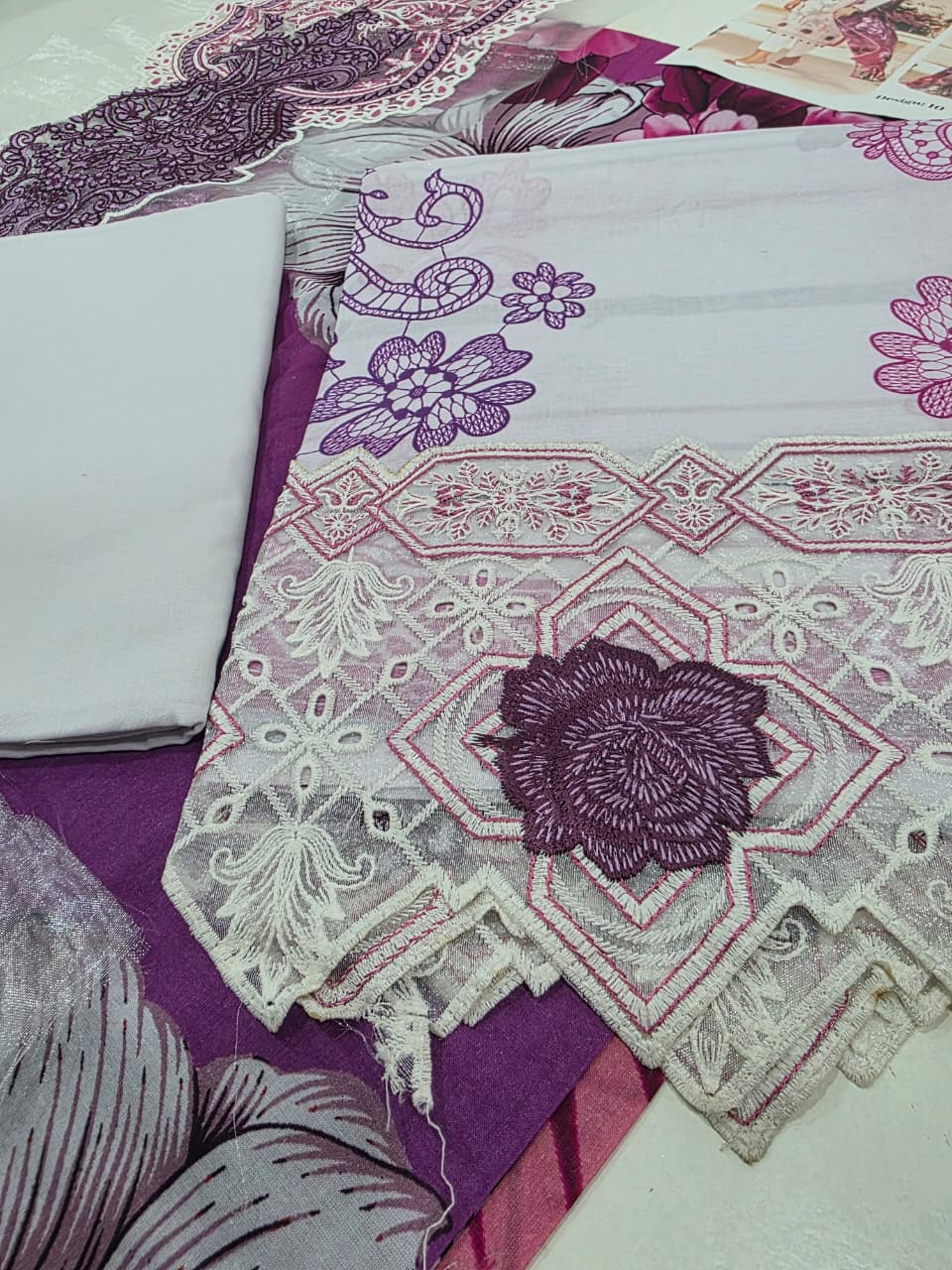Luxury Soft Lavender & Deep Plum Embroidered Lawn 3 Pc Suit - Unstitched Summer Outfit with Sheer Organza Neckline & Bold Floral Dupatta