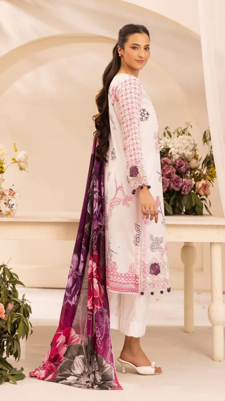 Luxury Soft Lavender & Deep Plum Embroidered Lawn 3 Pc Suit - Unstitched Summer Outfit with Sheer Organza Neckline & Bold Floral Dupatta