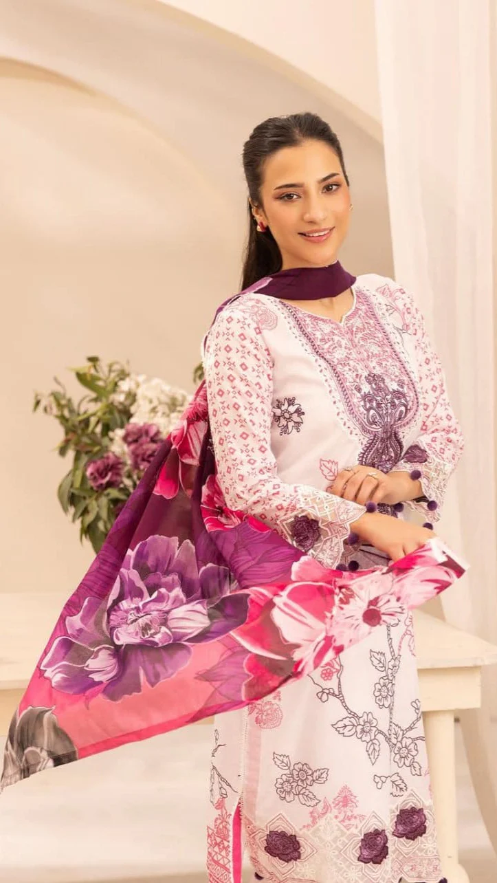 Luxury Soft Lavender & Deep Plum Embroidered Lawn 3 Pc Suit - Unstitched Summer Outfit with Sheer Organza Neckline & Bold Floral Dupatta