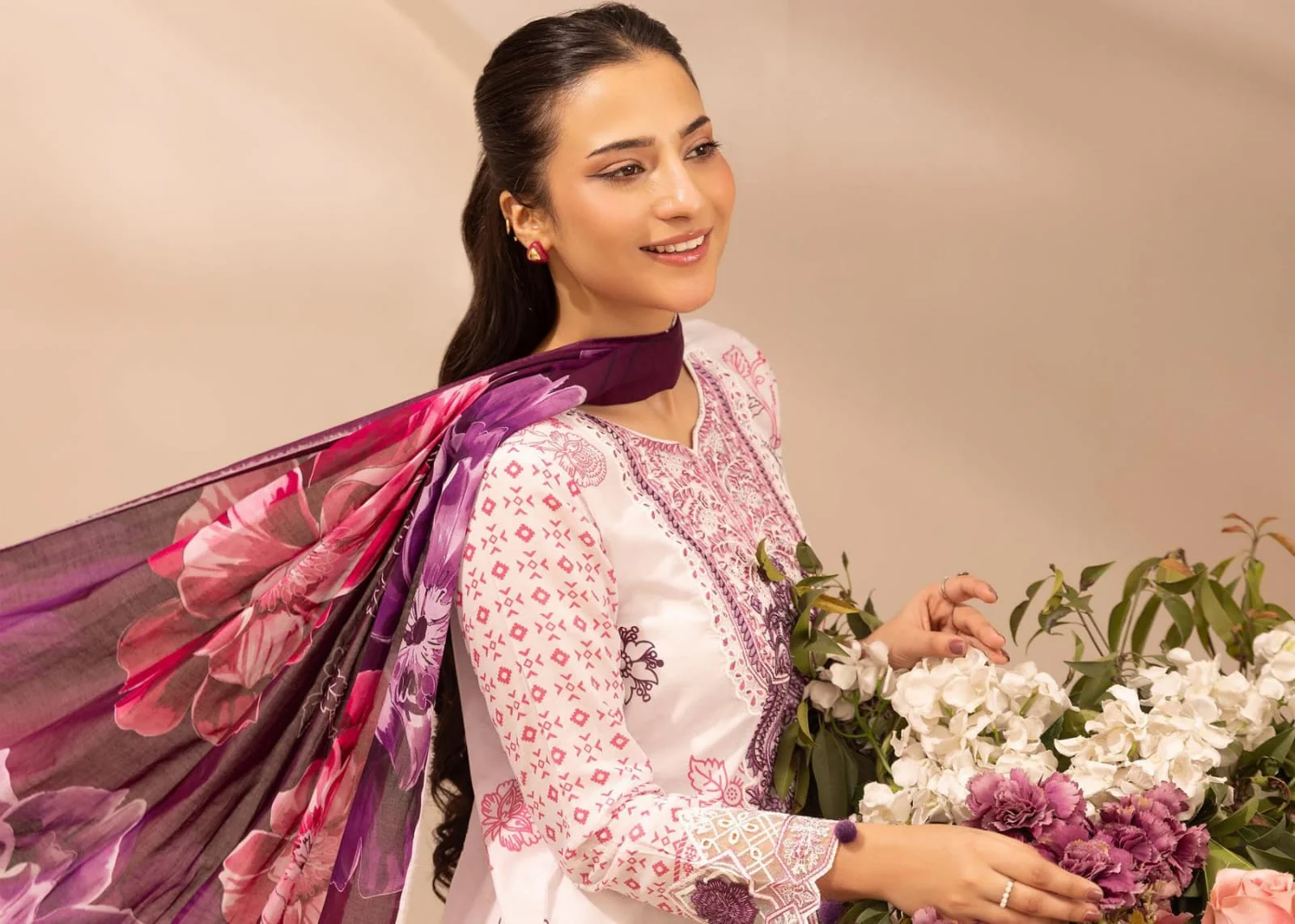 Luxury Soft Lavender & Deep Plum Embroidered Lawn 3 Pc Suit - Unstitched Summer Outfit with Sheer Organza Neckline & Bold Floral Dupatta