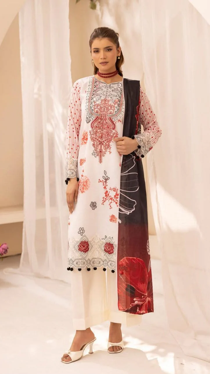 Luxury Cream & Crimson Red Embroidered Lawn 3 Pc Suit - Unstitched Summer Ensemble with Charcoal Neckline Patch & Statement Floral Dupatta