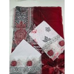 Luxury Cream & Crimson Red Embroidered Lawn 3 Pc Suit - Unstitched Summer Ensemble with Charcoal Neckline Patch & Statement Floral Dupatta