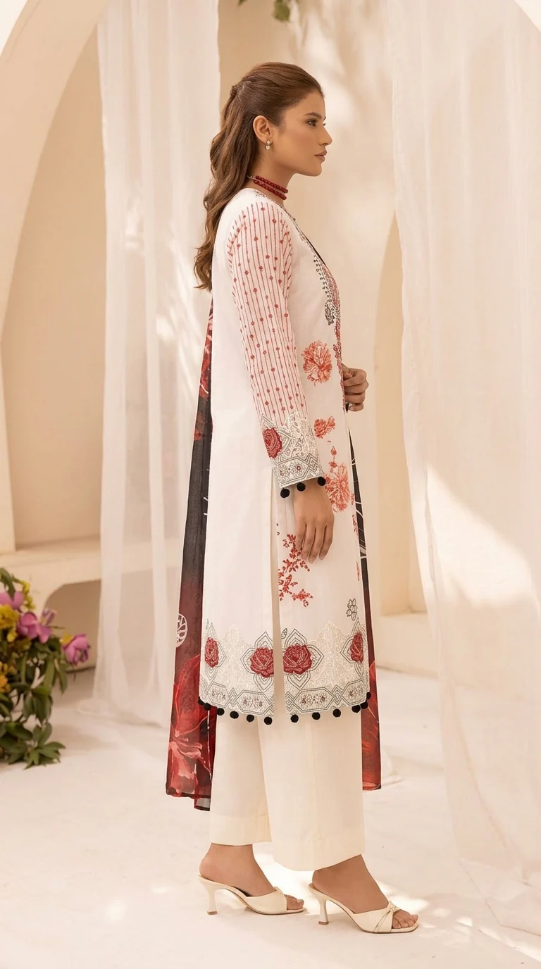 Luxury Cream & Crimson Red Embroidered Lawn 3 Pc Suit - Unstitched Summer Ensemble with Charcoal Neckline Patch & Statement Floral Dupatta