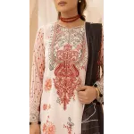 Luxury Cream & Crimson Red Embroidered Lawn 3 Pc Suit - Unstitched Summer Ensemble with Charcoal Neckline Patch & Statement Floral Dupatta