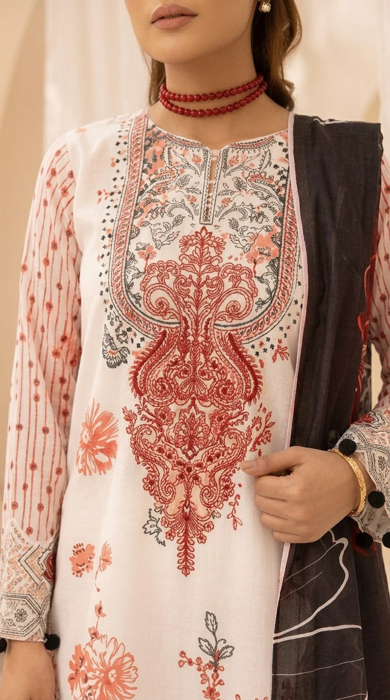 Luxury Cream & Crimson Red Embroidered Lawn 3 Pc Suit - Unstitched Summer Ensemble with Charcoal Neckline Patch & Statement Floral Dupatta
