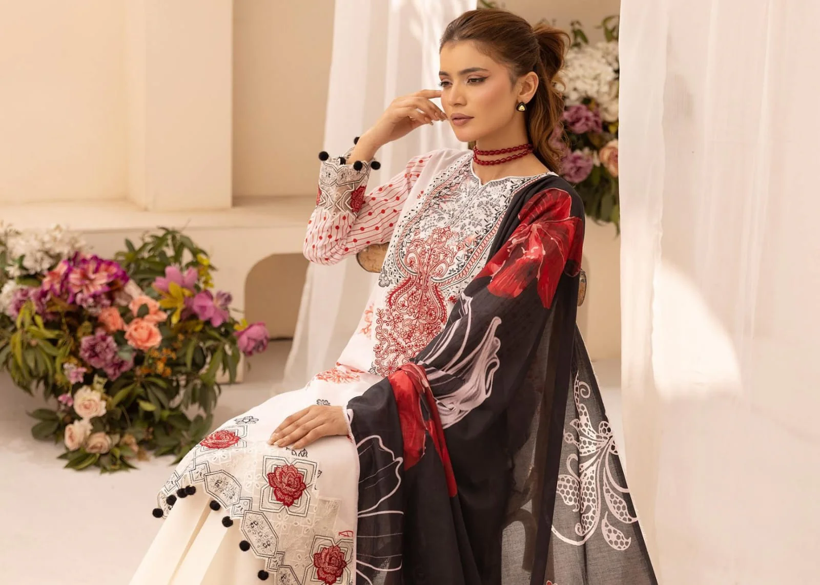 Luxury Cream & Crimson Red Embroidered Lawn 3 Pc Suit - Unstitched Summer Ensemble with Charcoal Neckline Patch & Statement Floral Dupatta