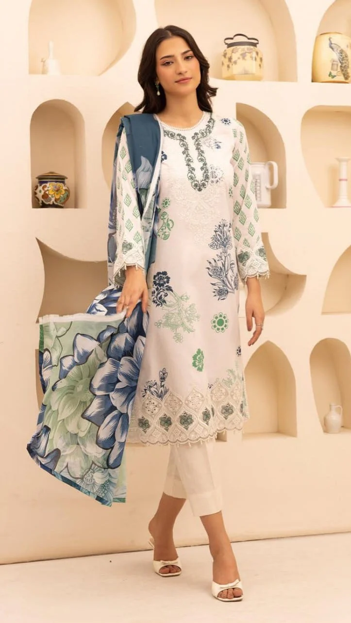 Luxury Milky White & Prussian Blue Embroidered Lawn 3 Pc Suit - Unstitched Summer Outfit with Prussian Blue Lace Neckline & Floral Chiffon Dupatta