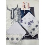 Luxury Milky White & Prussian Blue Embroidered Lawn 3 Pc Suit - Unstitched Summer Outfit with Prussian Blue Lace Neckline & Floral Chiffon Dupatta