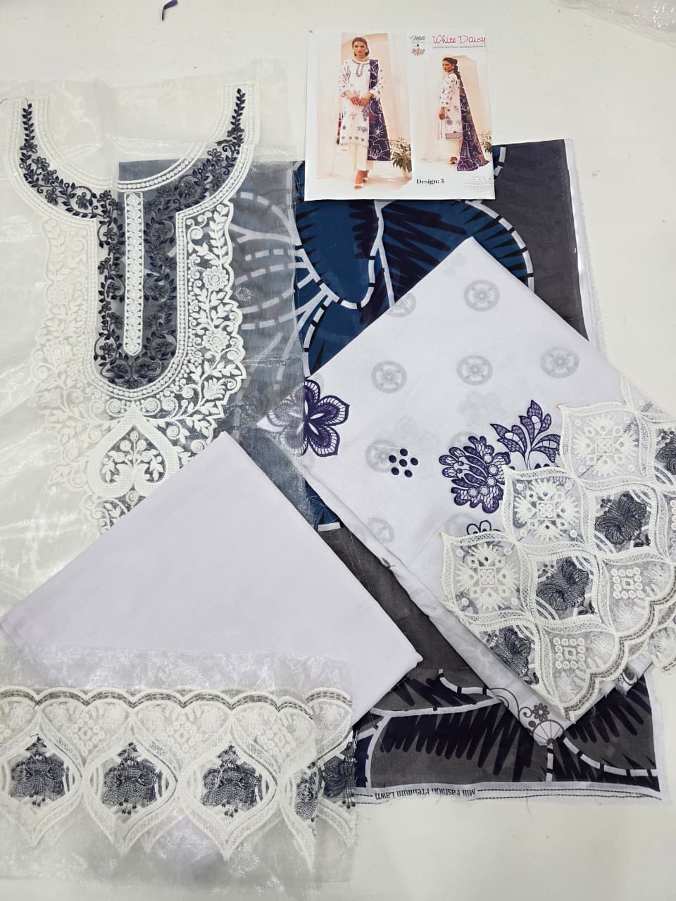 Luxury Milky White & Prussian Blue Embroidered Lawn 3 Pc Suit - Unstitched Summer Outfit with Prussian Blue Lace Neckline & Floral Chiffon Dupatta